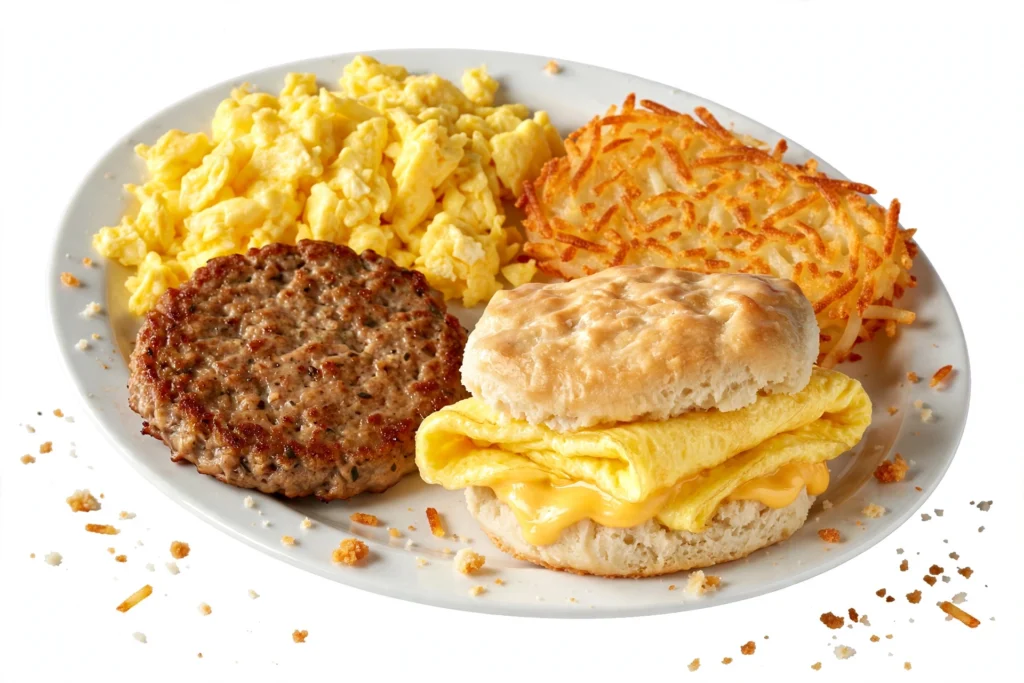 Big Breakfast cotaining Sausage Patty, Scrambled Eggs, Hash Browns, Biscuits