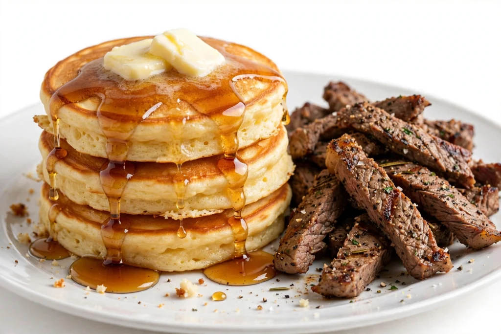 Hotcakes with Syrup and Steak