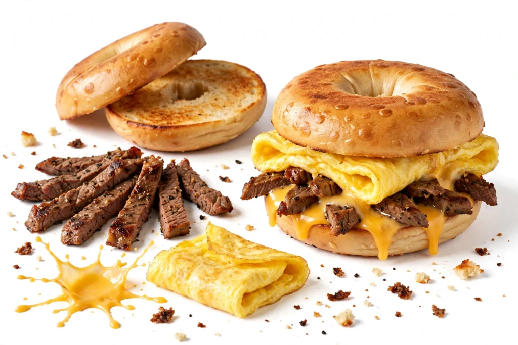 McDonald's Breakfast Menu Steak, Egg and Cheese Bagel
