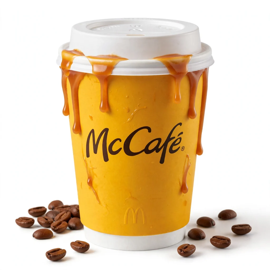 McCafe Caramel Latte with coffee beans at bottom